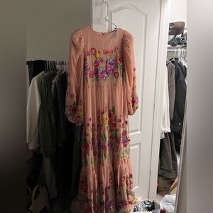 NEW ASOS EDITION embroidered trapeze maxi dress with puff sleeves in blush